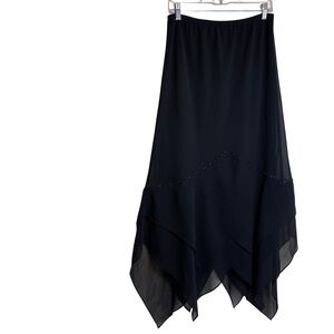 Vintage Black Layere Chiffon Maxi Skirt w/ Beaded Accent Handkerchief Hem Sz 16